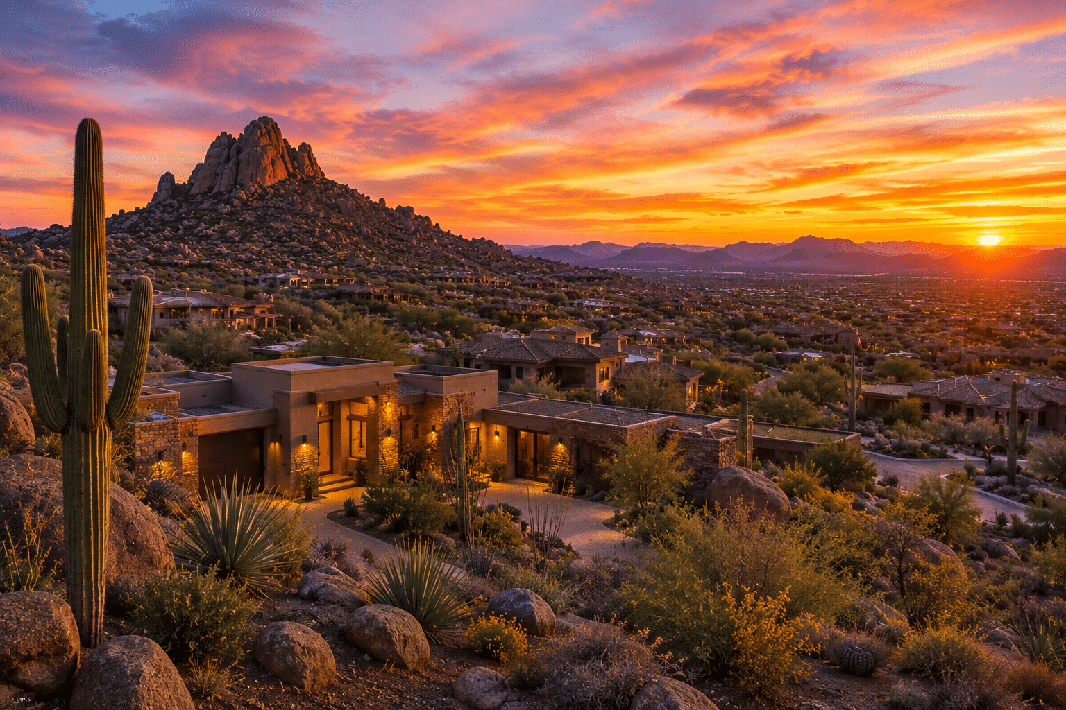 Pinnacle Peak Scottsdale homes desert landscape sunset panorama