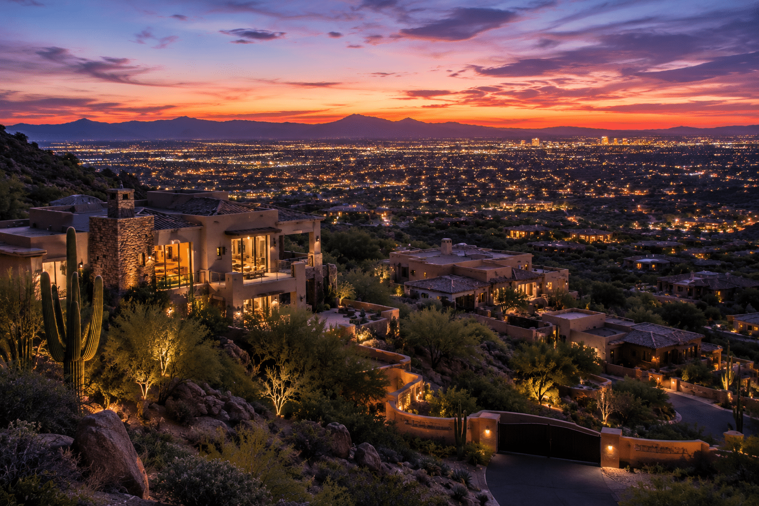 Scottsdale Mountain custom estate hillside homes with city light panorama