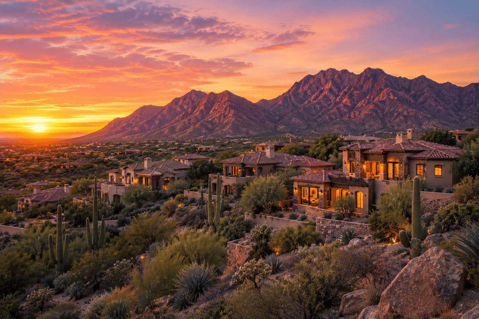 Scottsdale Mountain luxury homes with McDowell Mountain views at sunset