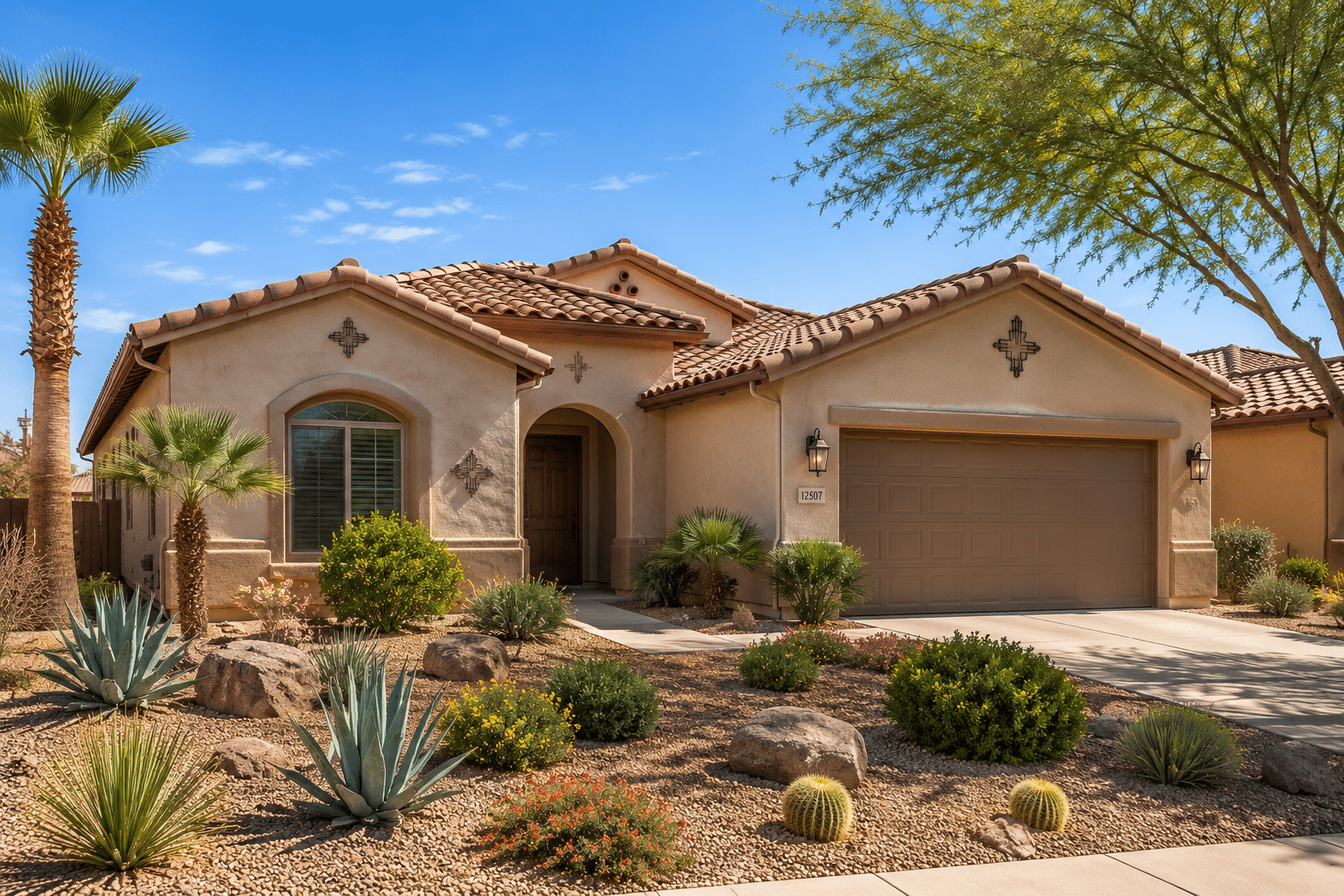 Alta Mira at Rancho Santa Fe single-story home with tile roof and desert landscaping