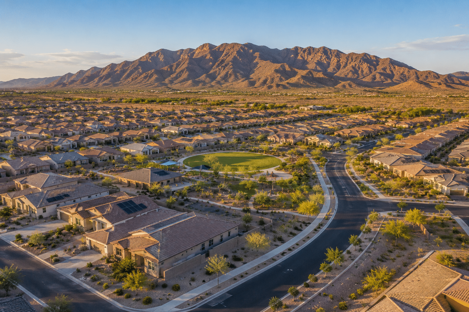 Blue Horizons Buckeye AZ master-planned community aerial view with White Tank Mountains