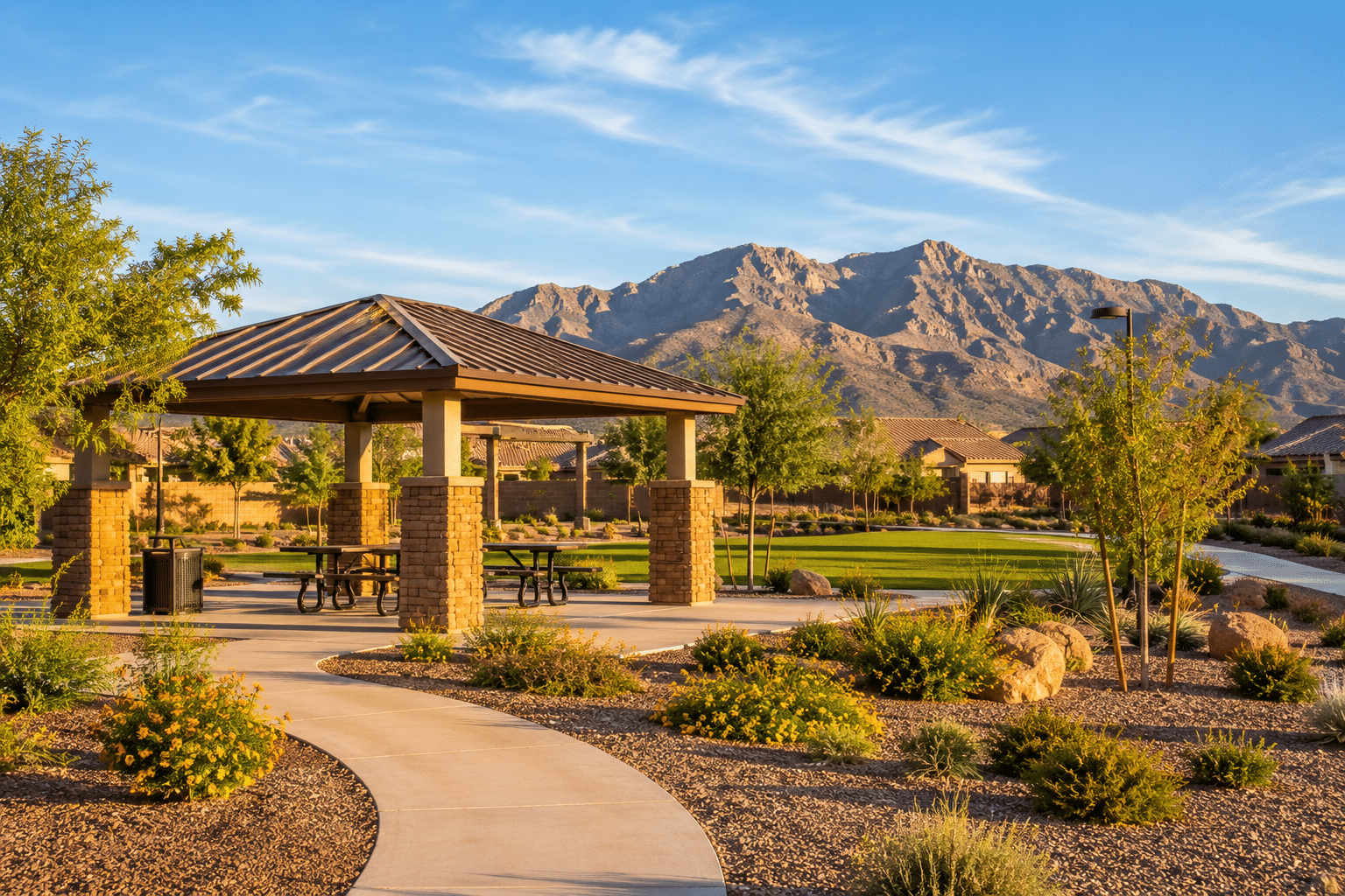 Encantada Estates community park ramada with White Tank Mountain views