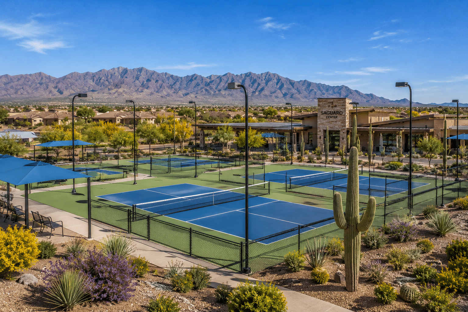 Sun City Festival Saguaro Recreation Center pickleball courts mountain backdrop