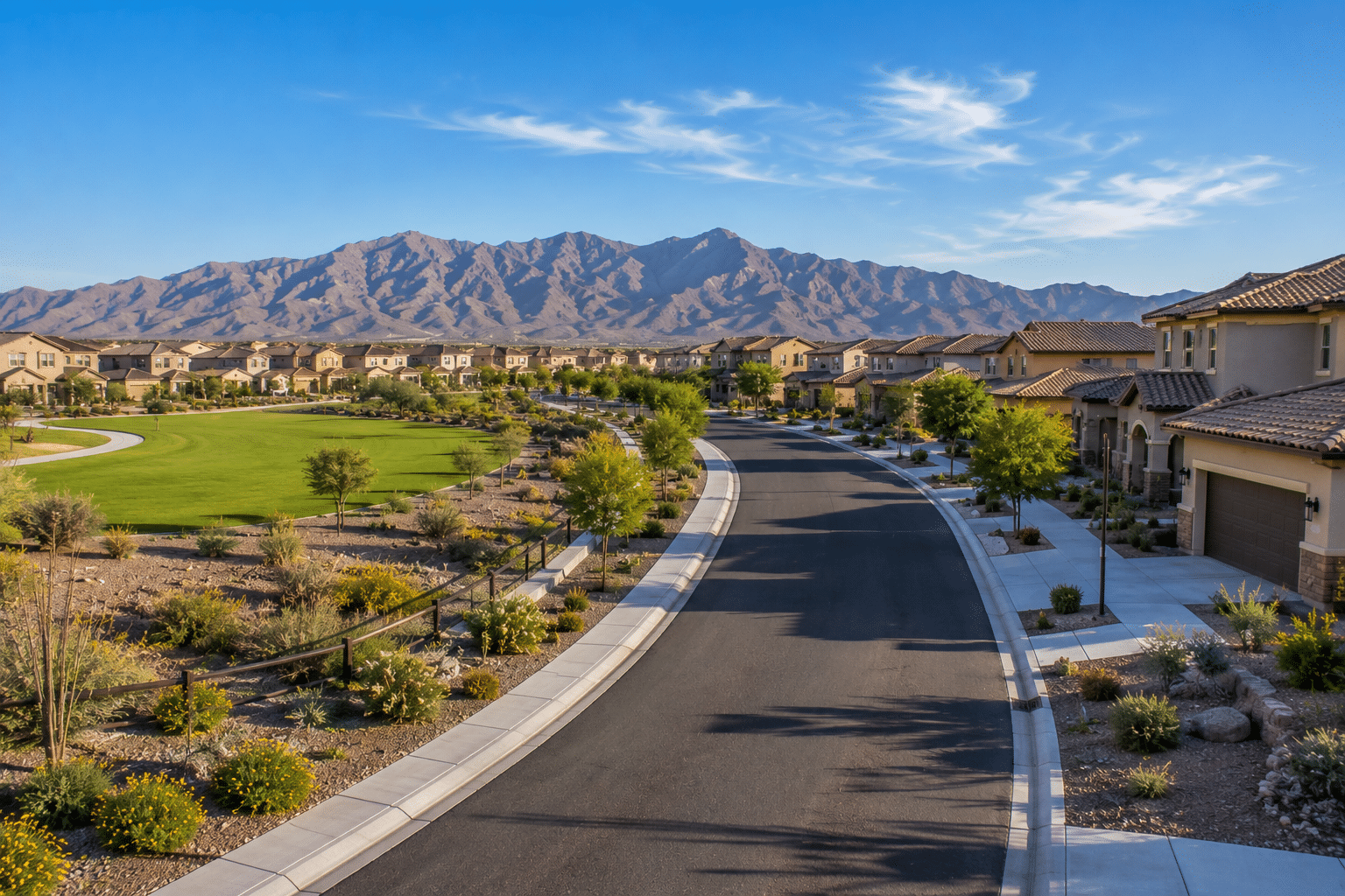 Tartesso Buckeye neighborhood streetscape mountain views open space