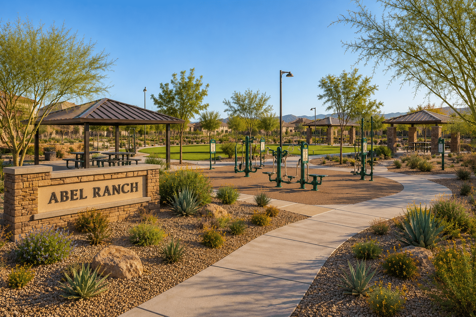 Abel Ranch Goodyear AZ community park with fitness stations and ramadas
