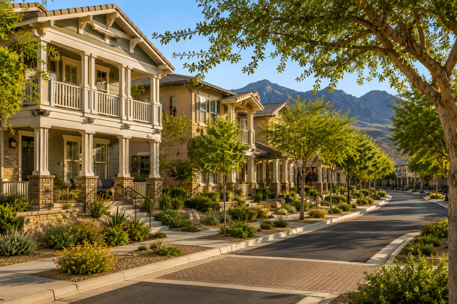 Verrado homes for sale tree-lined street New Urbanism design Buckeye