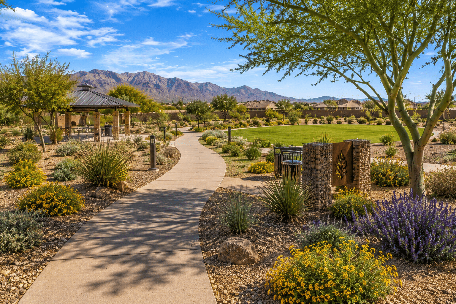 Sedella Goodyear walking trail and community park with desert landscaping
