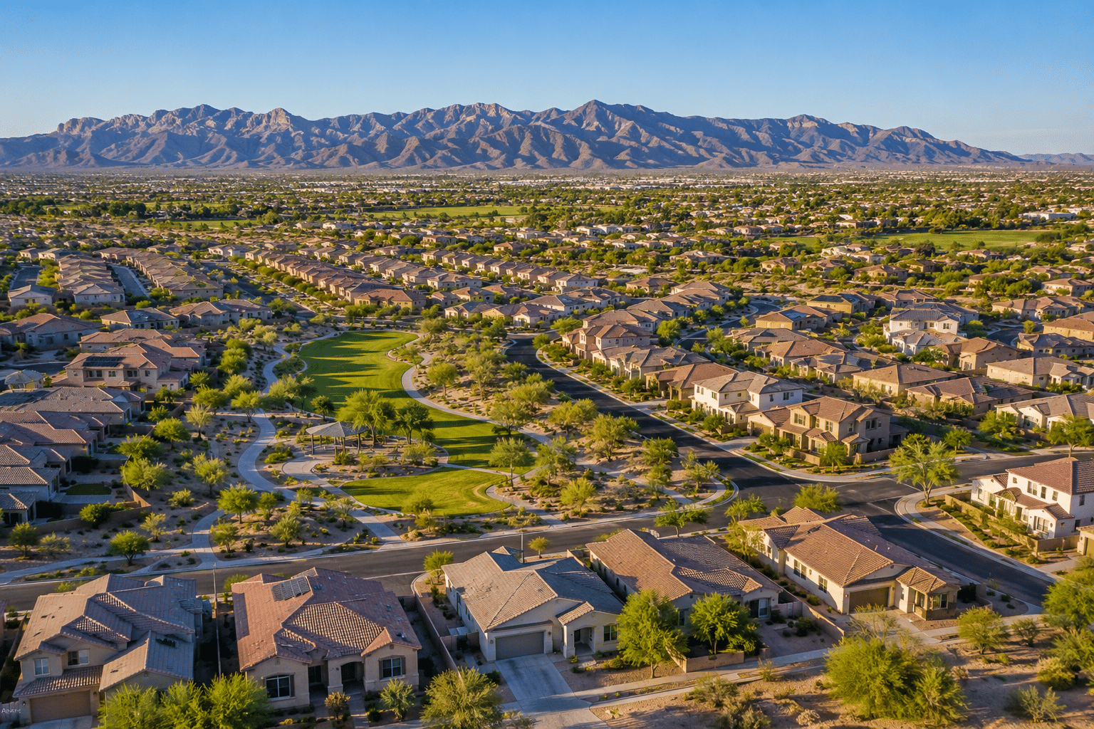 Windrose Litchfield Park master-planned community aerial view with White Tank Mountains