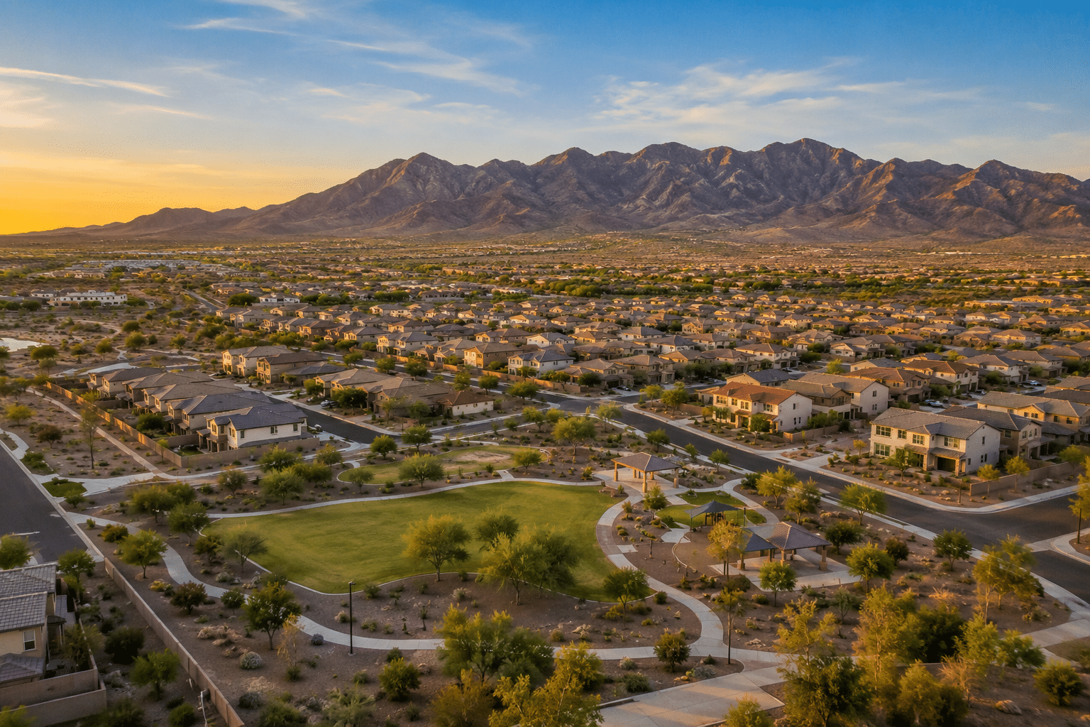 El Cidro Goodyear AZ master-planned community aerial view with Sierra Estrella Mountains