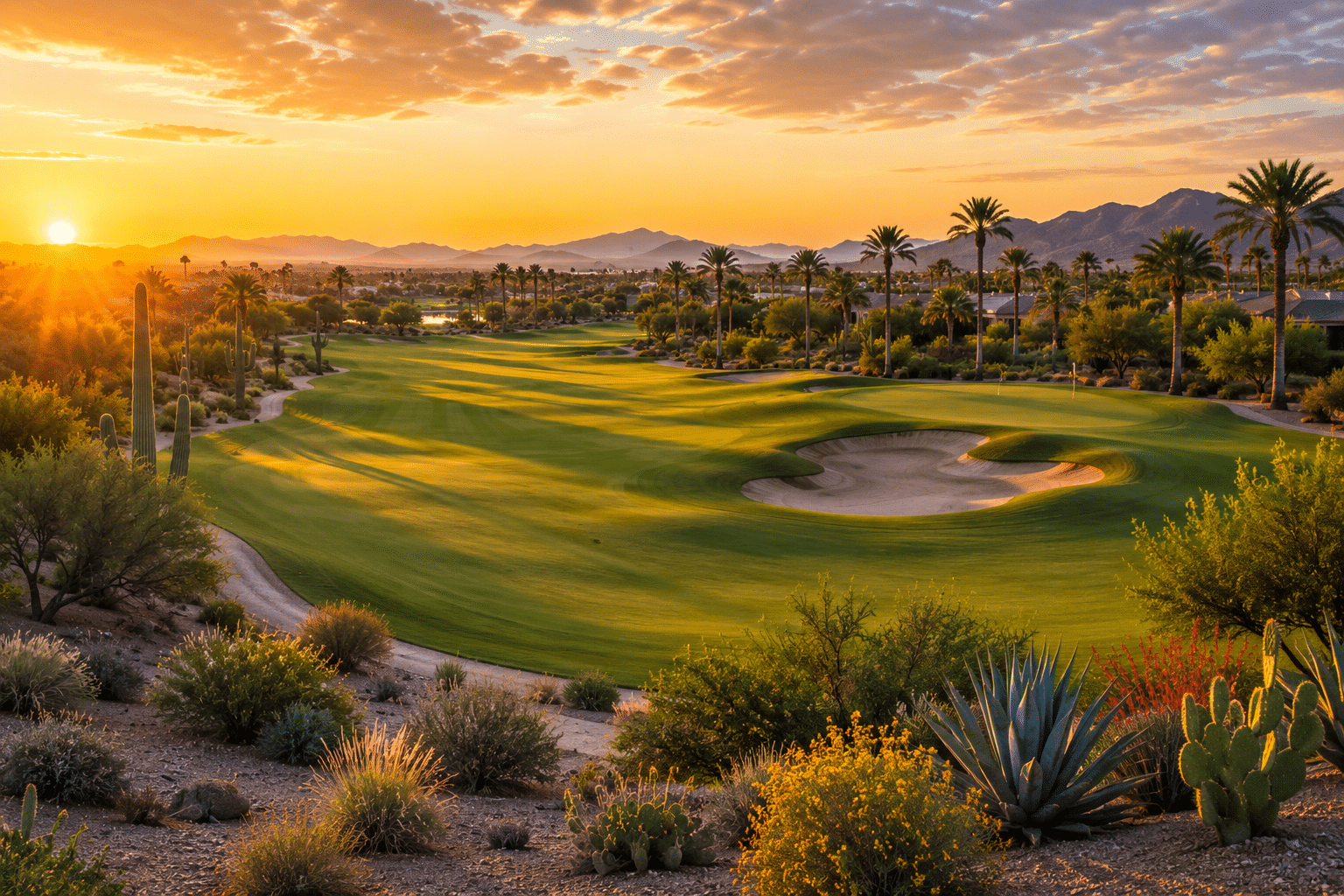 Palm Valley Golf Club 27-hole championship course desert fairway at sunrise