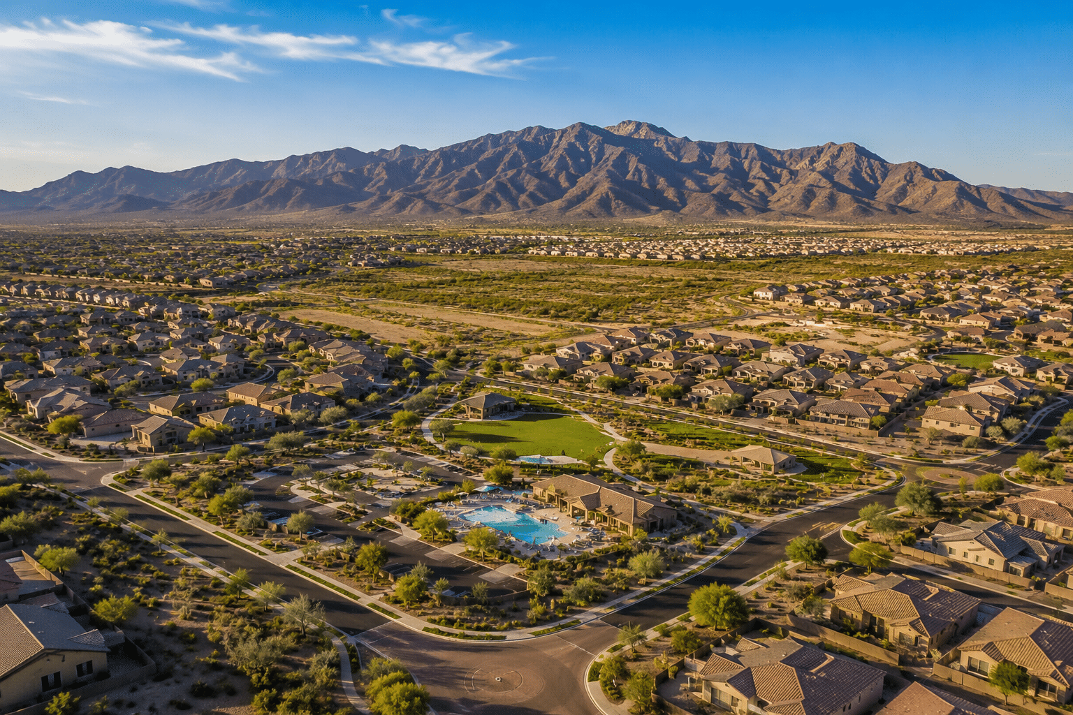 North Copper Canyon Surprise AZ master-planned community aerial view with White Tank Mountains backdrop