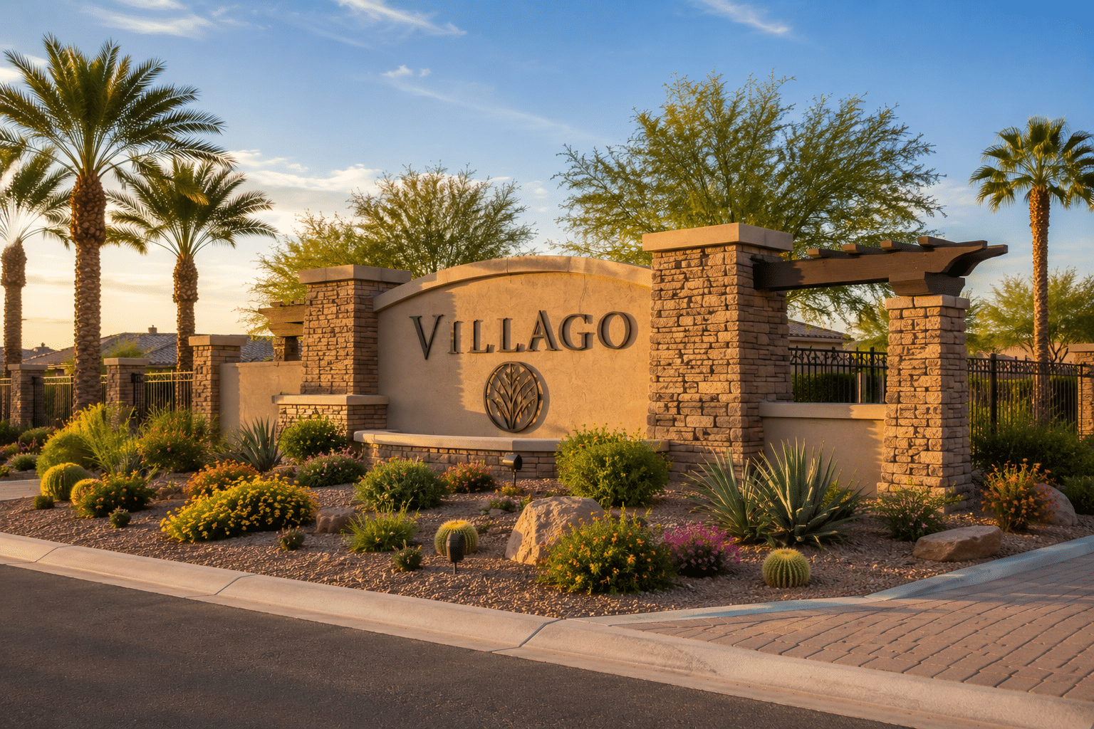 Villago Casa Grande community entrance and landscaping