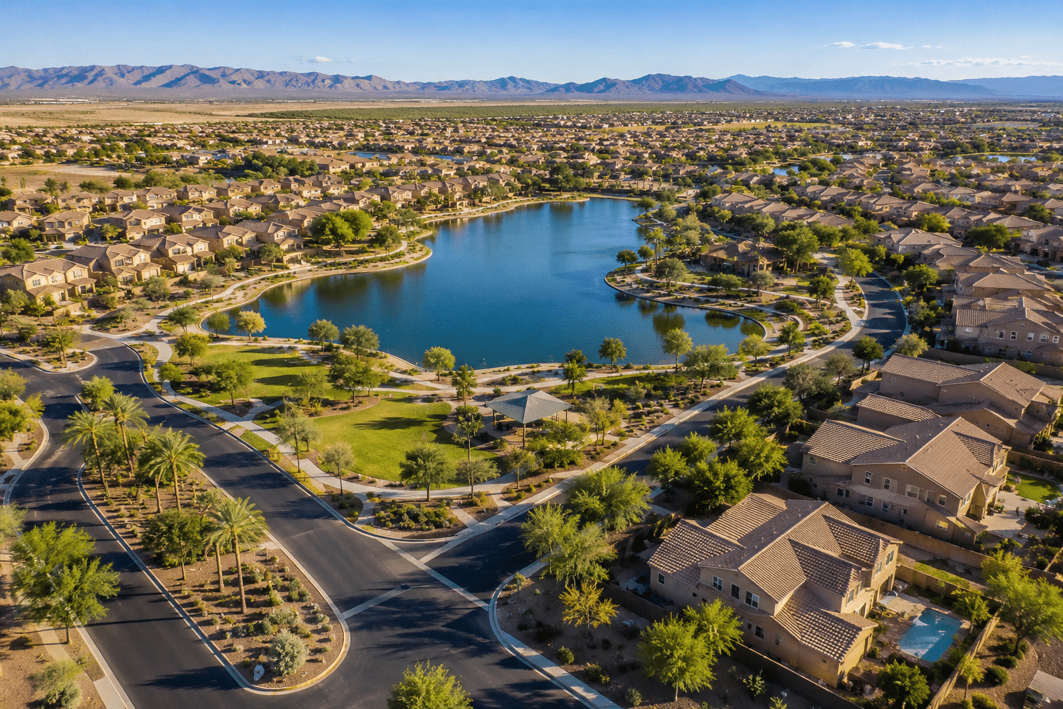 Villago Casa Grande master-planned community aerial view with lake