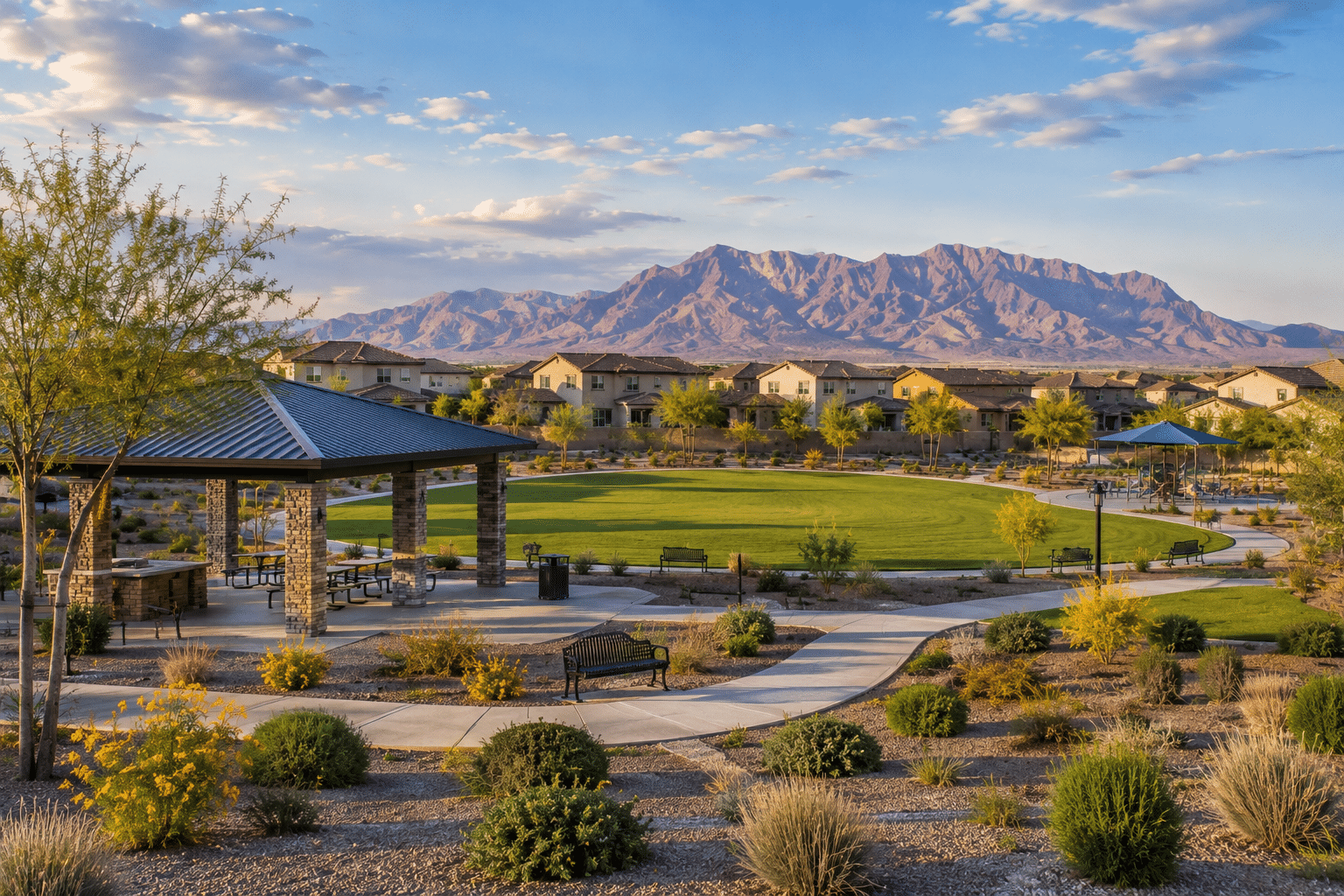 Heartland Ranch Coolidge AZ community park with Sacaton Mountains backdrop