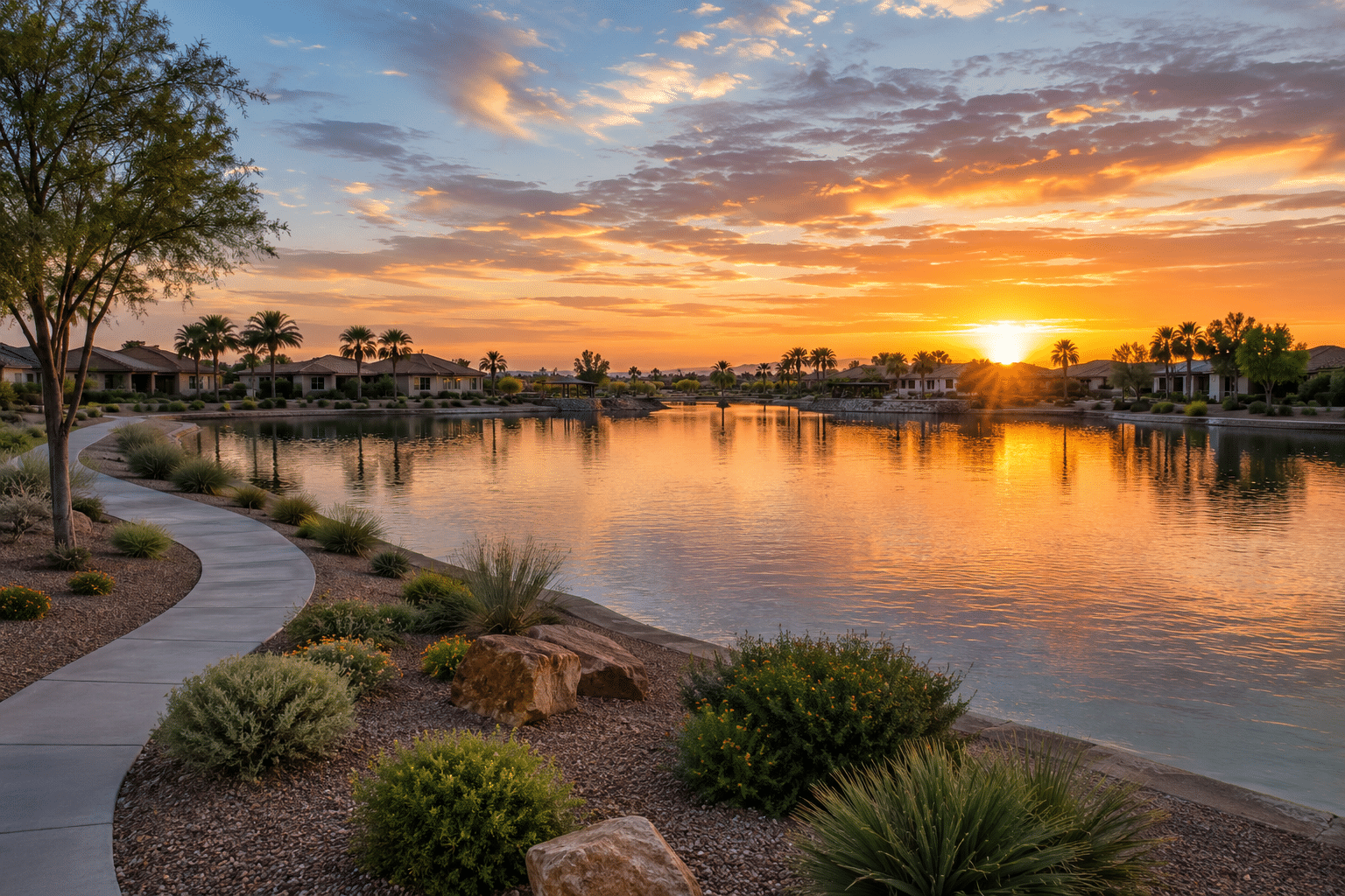 Homestead Maricopa AZ community lake at sunset