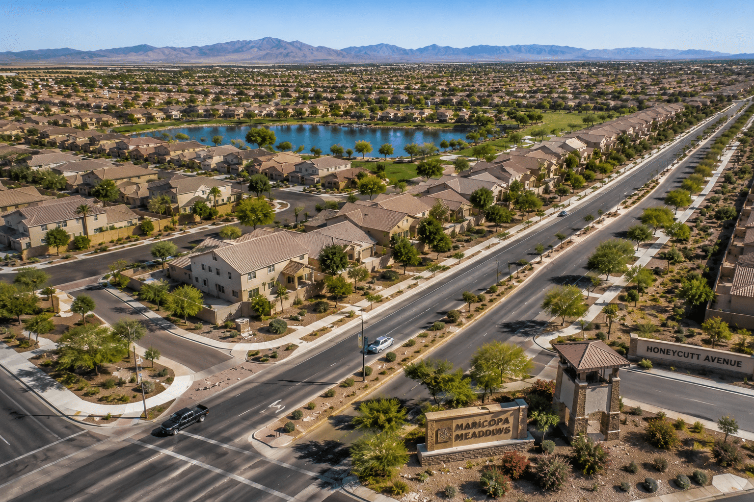 Maricopa Meadows neighborhood aerial view Honeycutt Avenue Maricopa AZ 85139