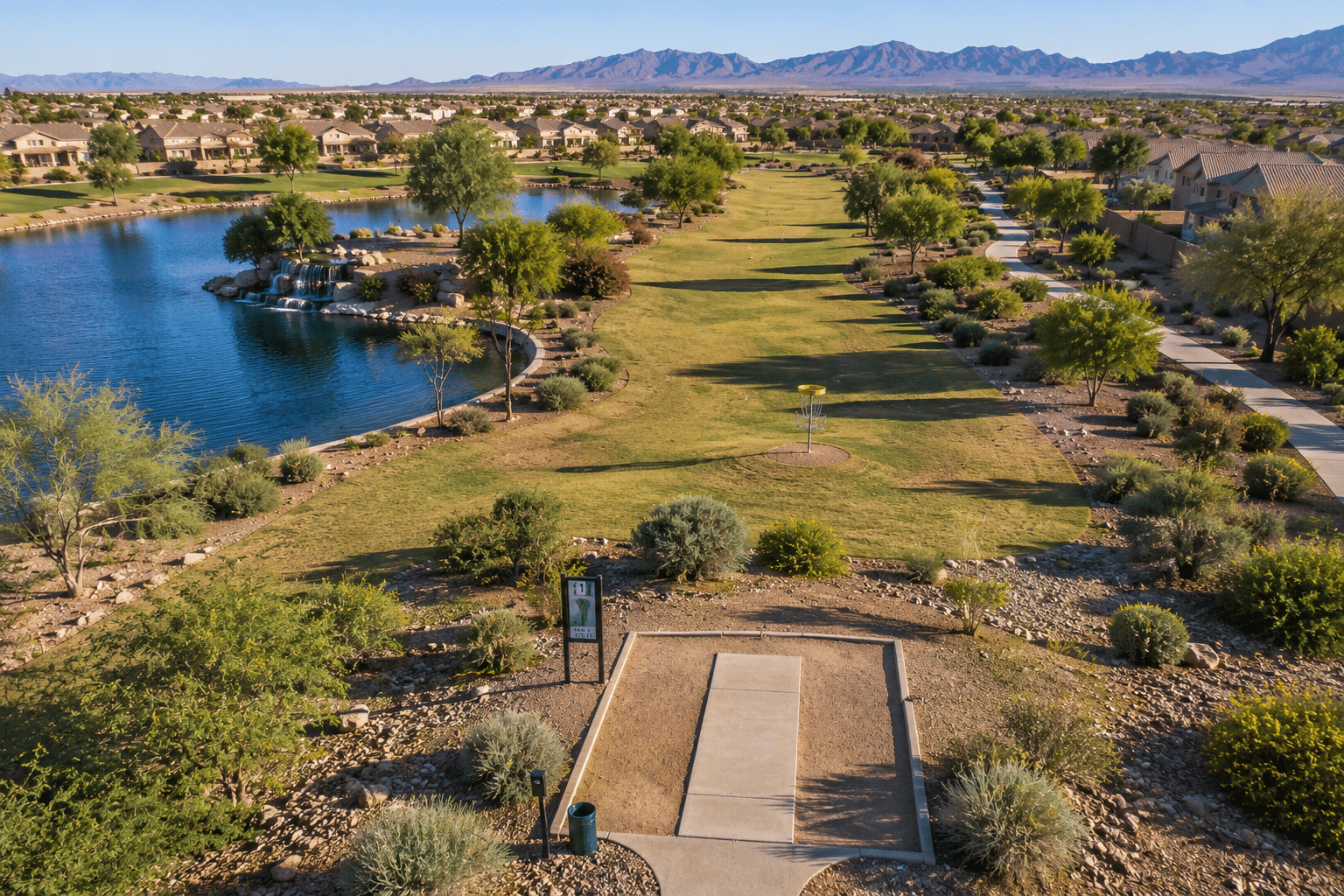 Maricopa Meadows disc golf course tee pad hole one aerial view Pinal County