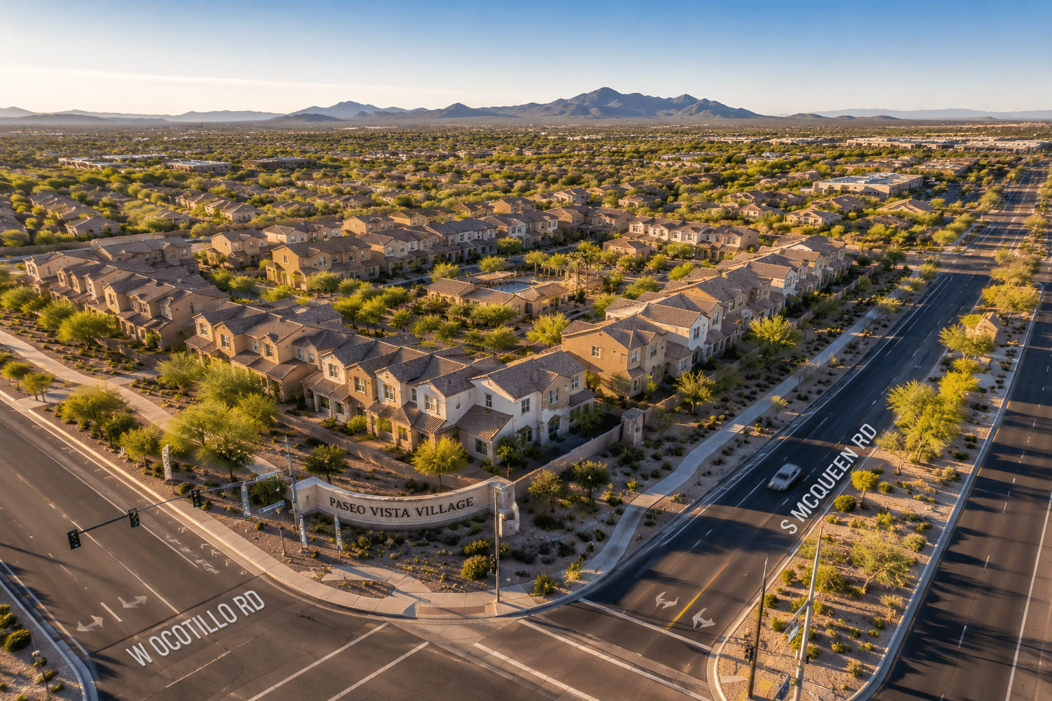 Paseo Vista Village Chandler AZ aerial view McQueen Ocotillo Roads
