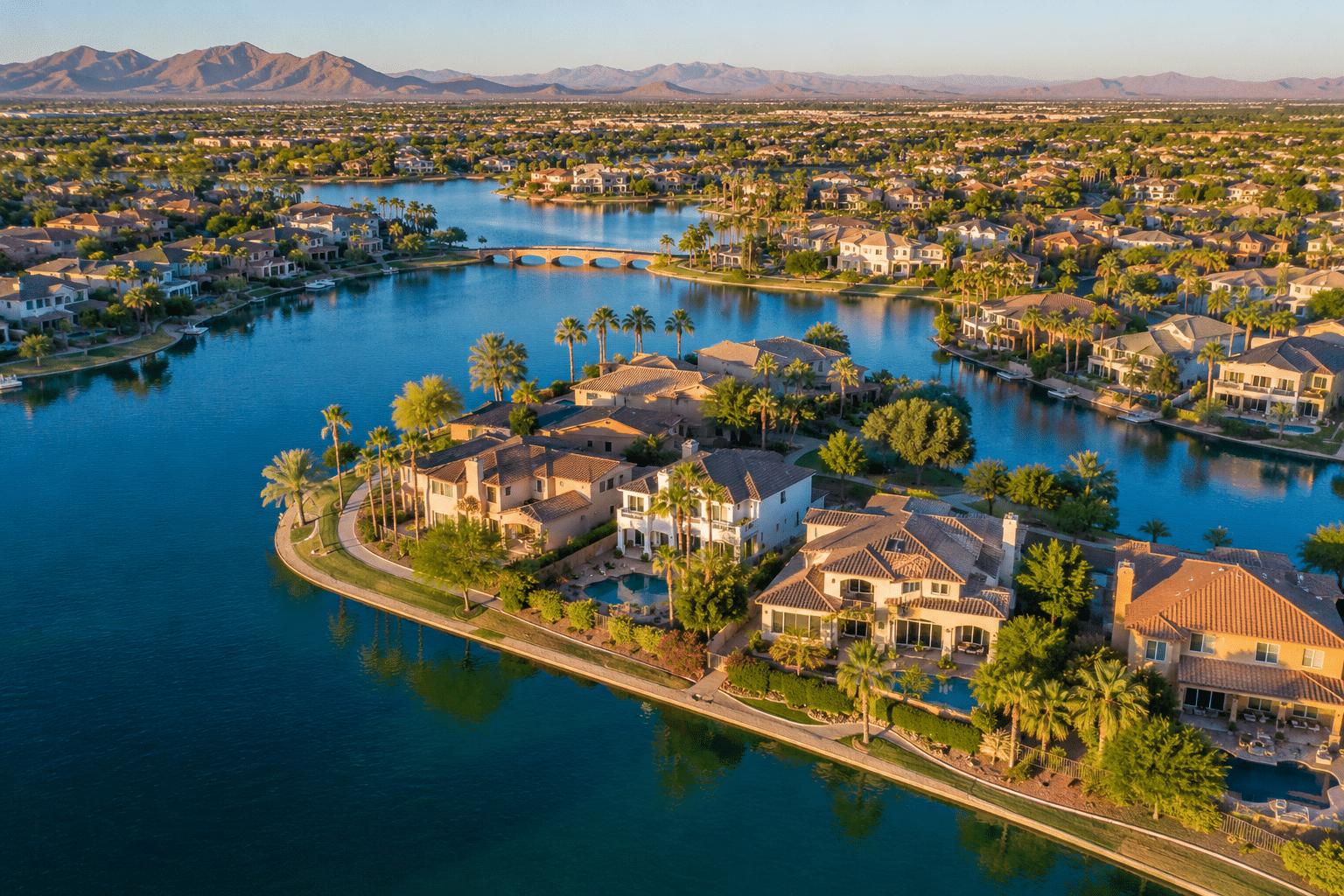 Fulton Ranch Chandler AZ waterfront homes aerial view with 28-acre lake system