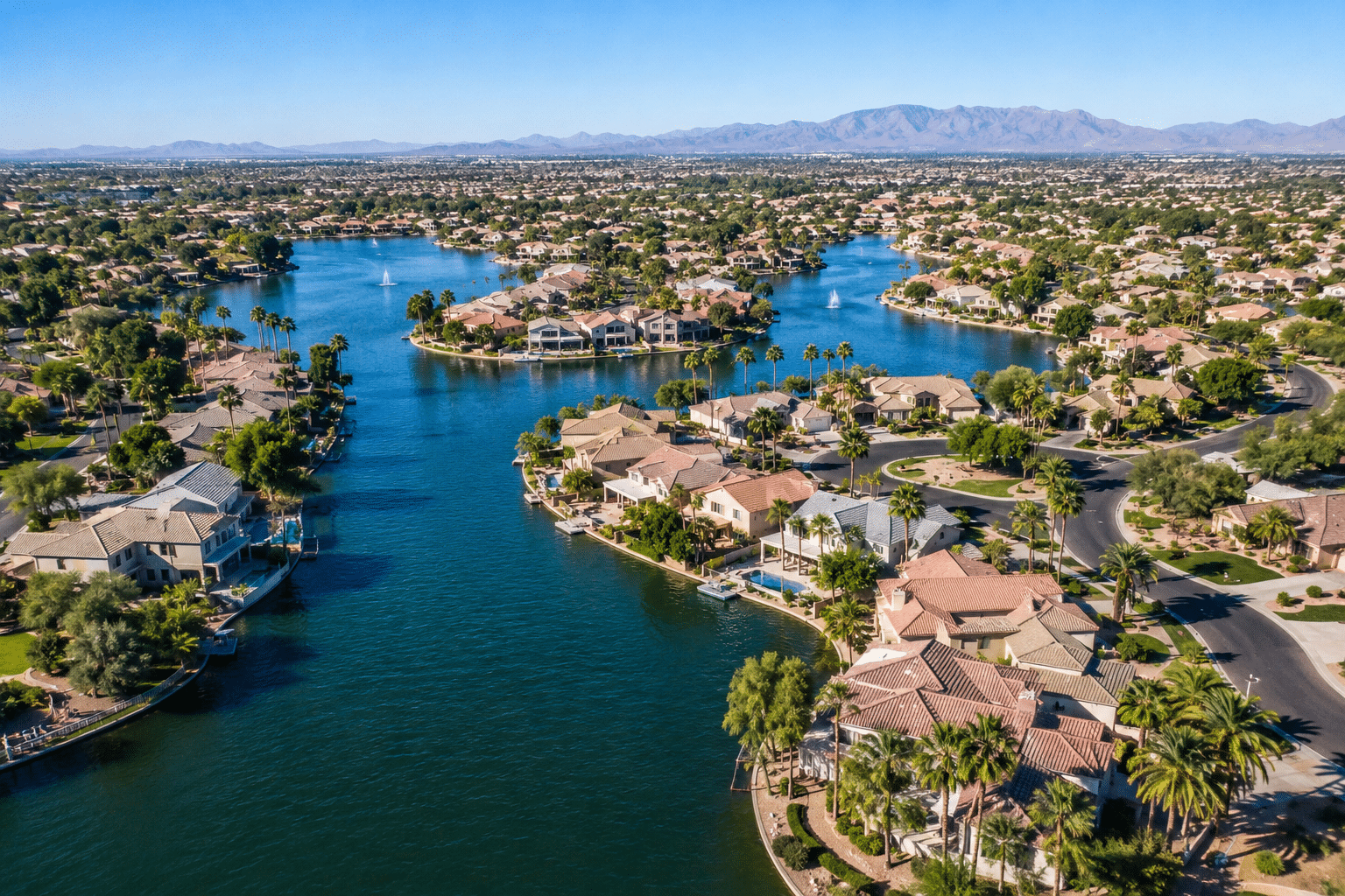Ocotillo Chandler AZ master-planned community aerial view of interconnected lakes