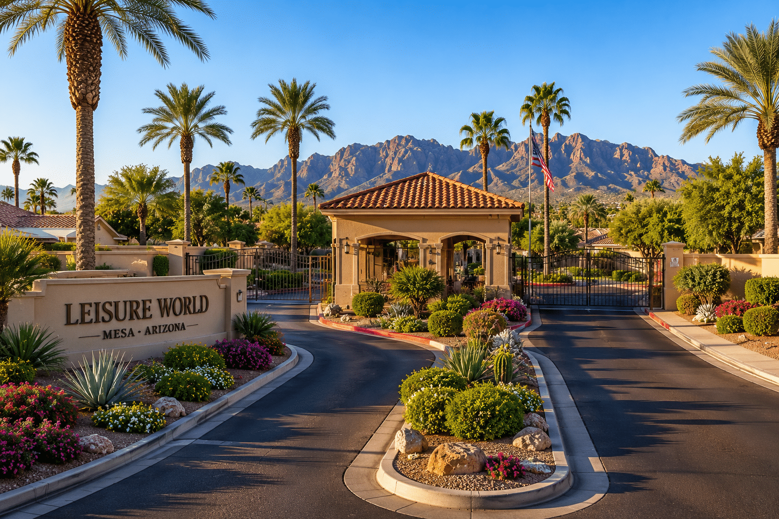 Leisure World Mesa community entrance guard gate and manicured grounds