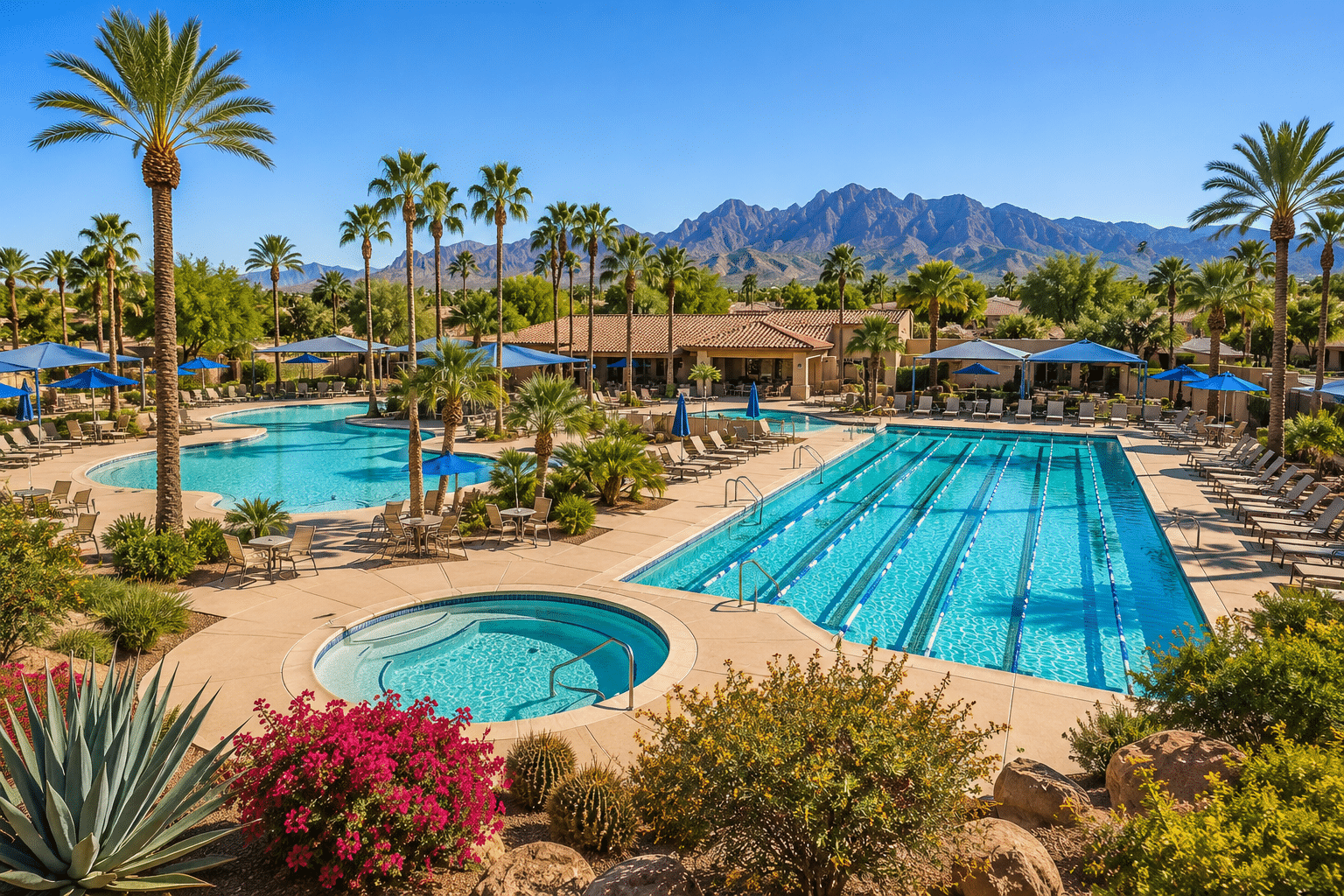 Leisure World Mesa resort-style aquatic center with heated pools and palm trees