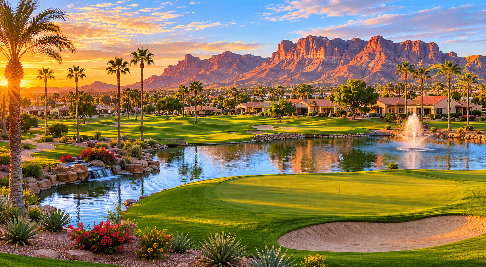 Leisure World Coyote Run Golf Course with Superstition Mountain backdrop at sunrise