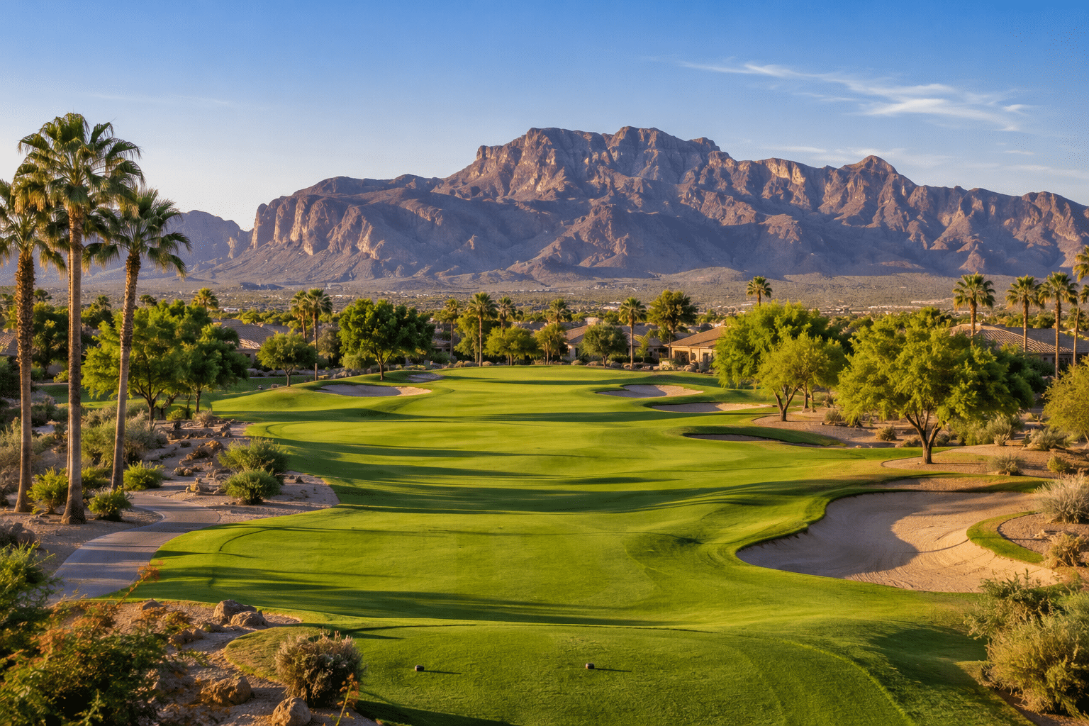 Augusta Ranch Golf Club executive course fairway Superstition Mountain backdrop
