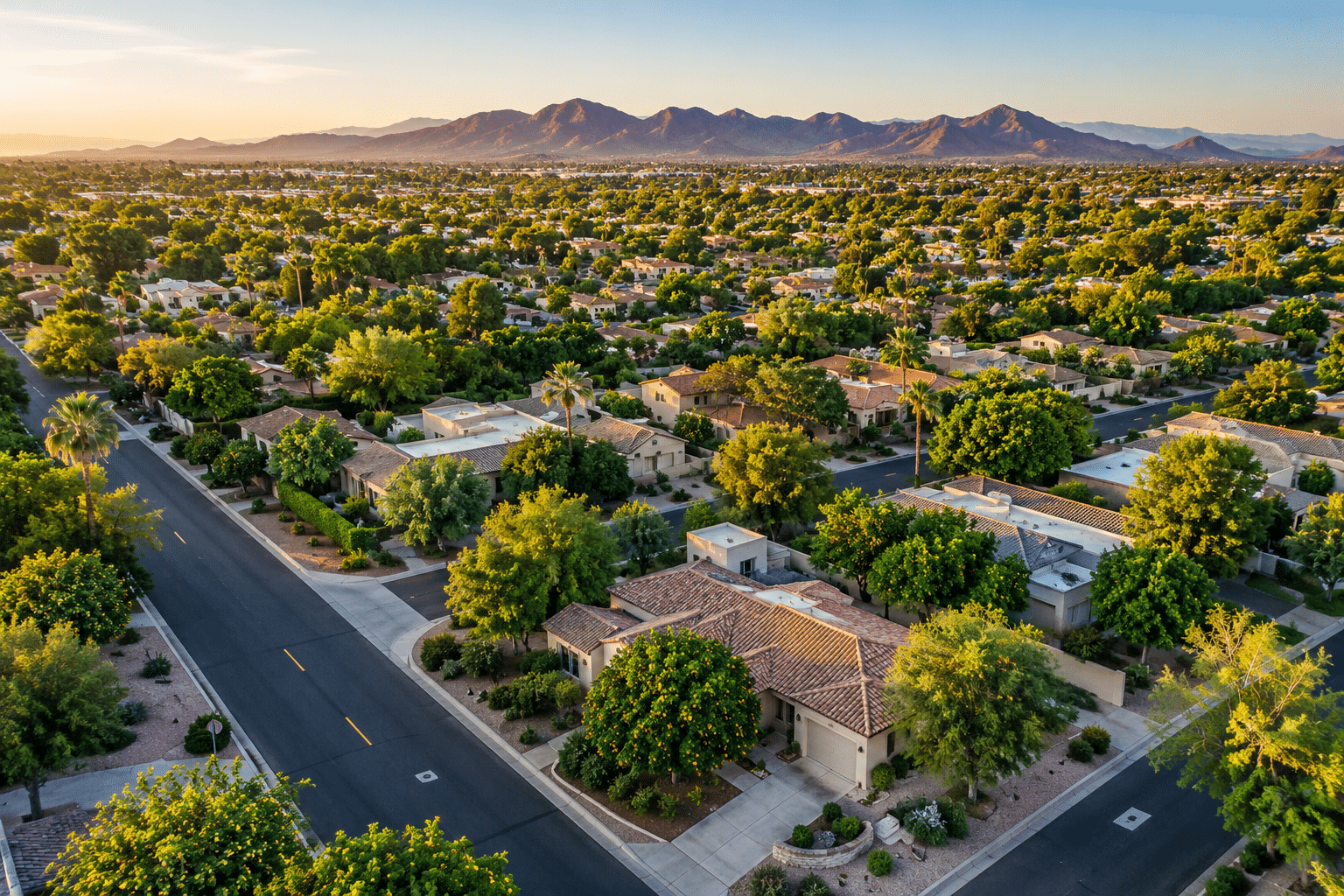 The Groves Mesa AZ neighborhood aerial view with mature citrus trees