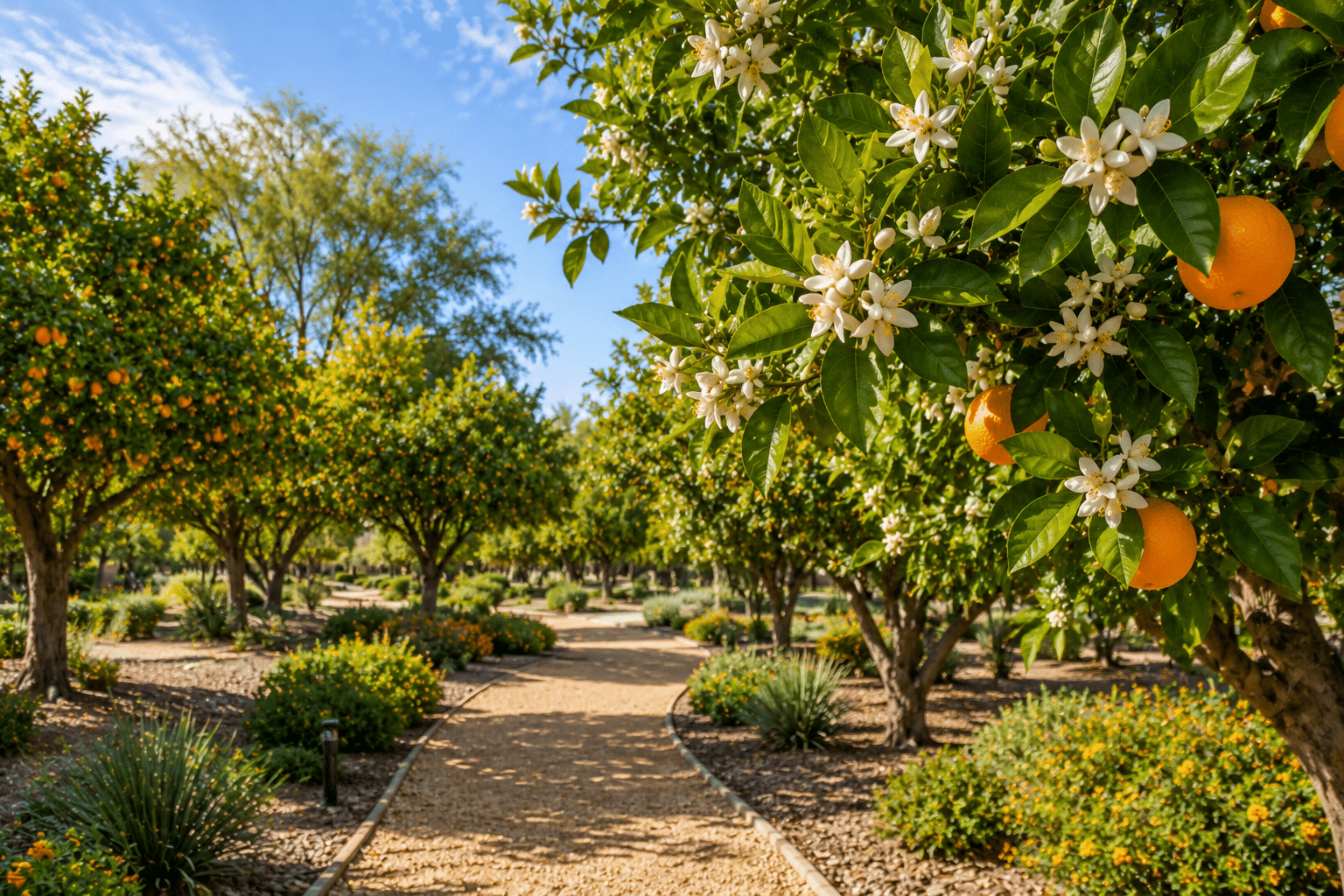 The Groves community citrus grove in spring with orange blossoms