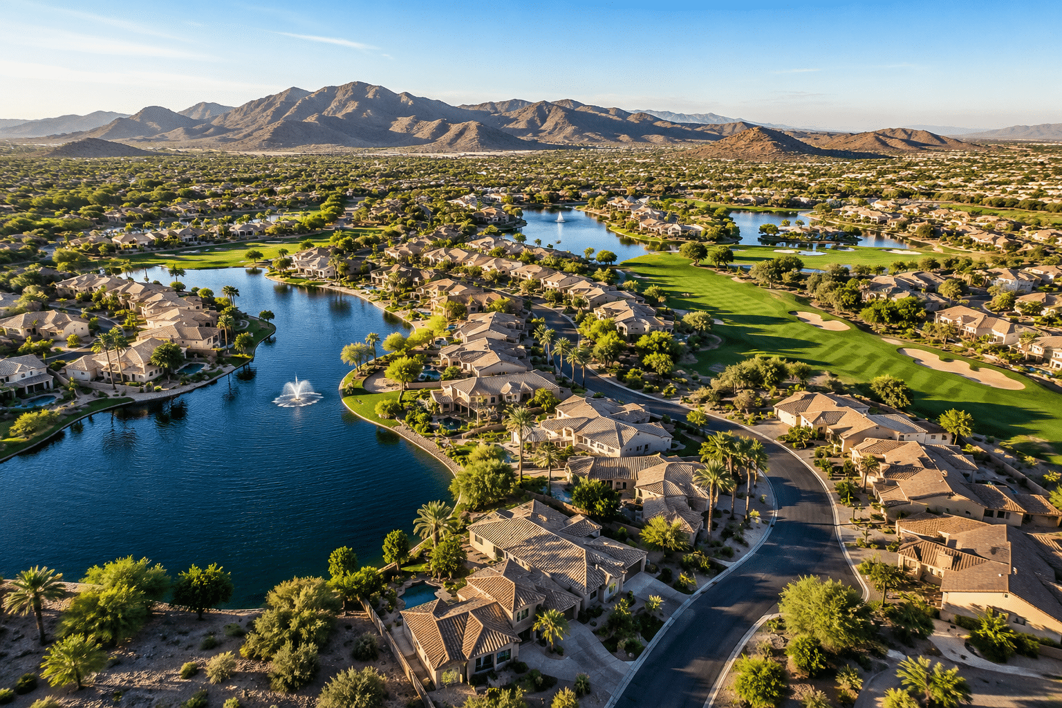 Arrowhead Ranch Glendale AZ master-planned community aerial view with lakes and golf course
