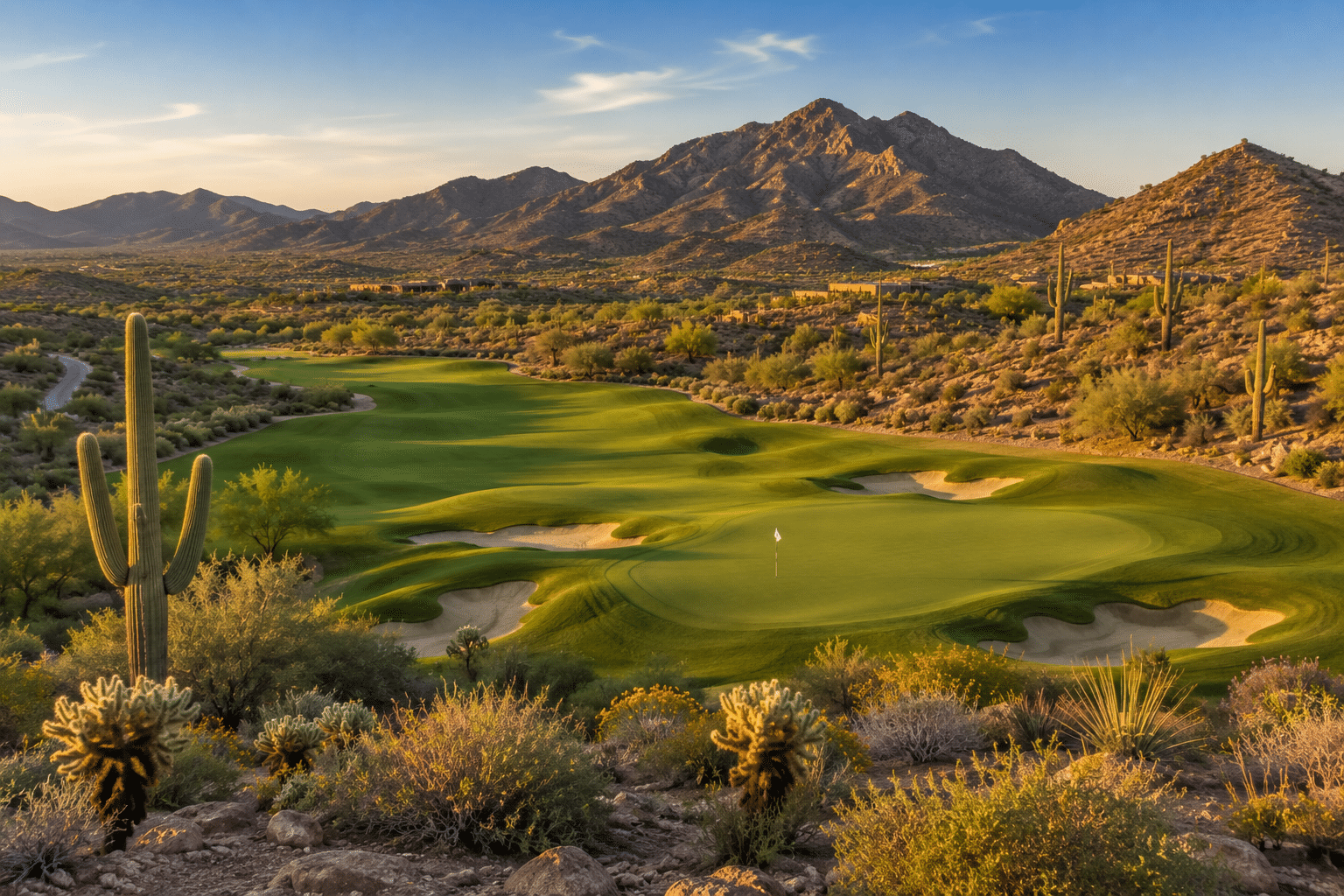 Quintero Golf Club Rees Jones course hole with Sonoran Desert mountains