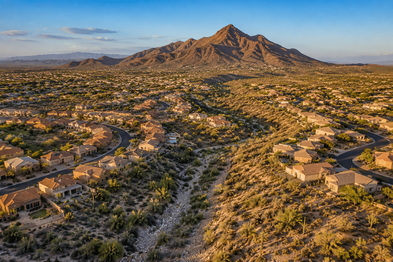 Cibola Vista Peoria AZ desert community aerial view with Westwing Mountain