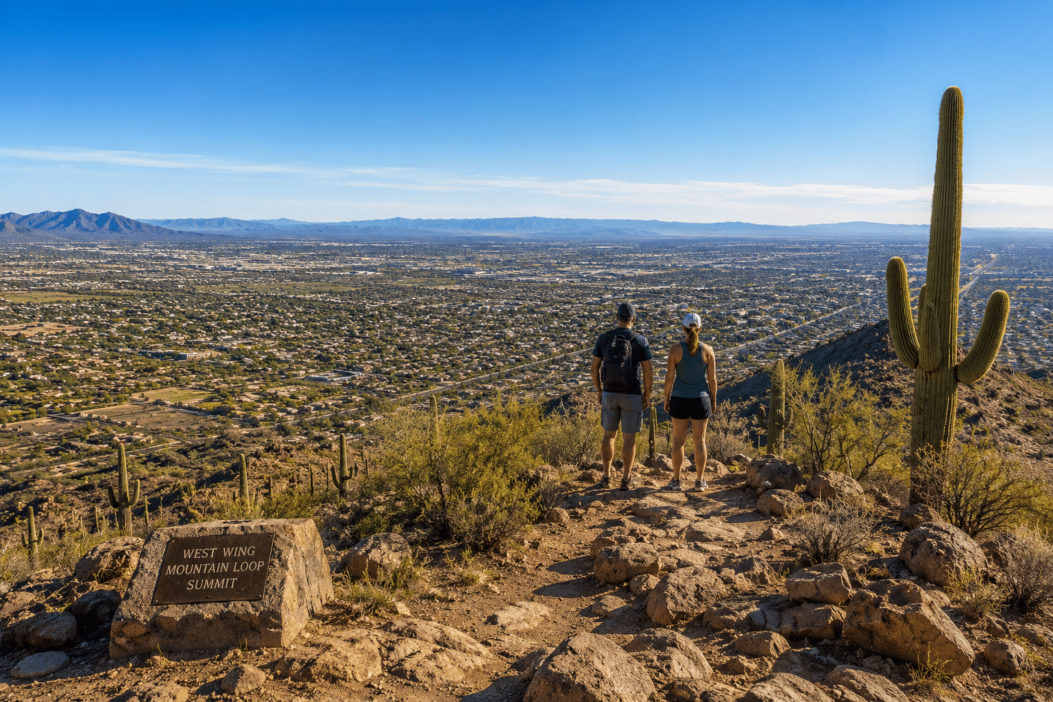 West Wing Mountain Loop trail hikers at summit panoramic view Peoria AZ