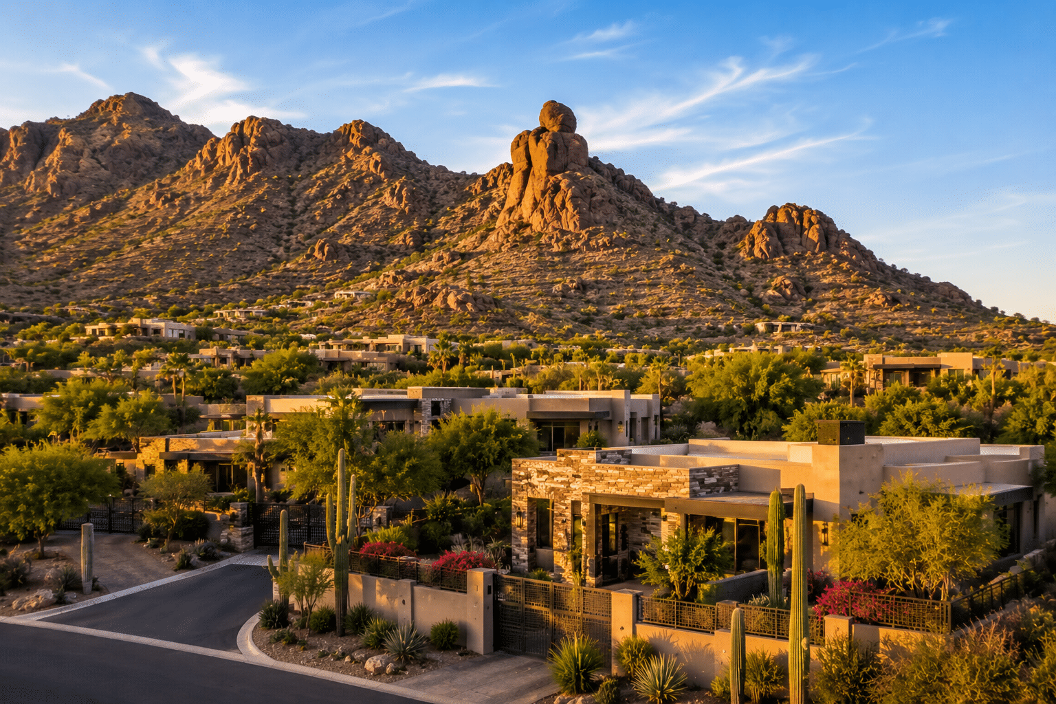 Echo Canyon Phoenix homes Praying Monk formation mountain backdrop 85018