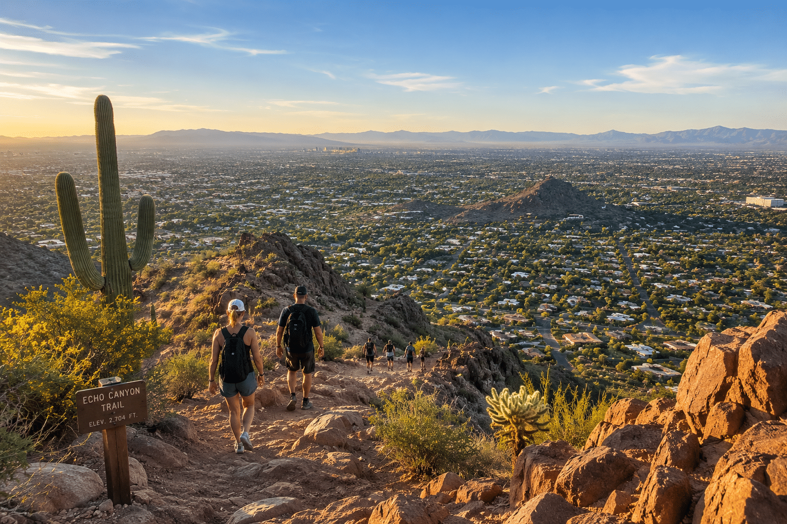Camelback Mountain Echo Canyon Trail hikers summit view Arcadia Phoenix
