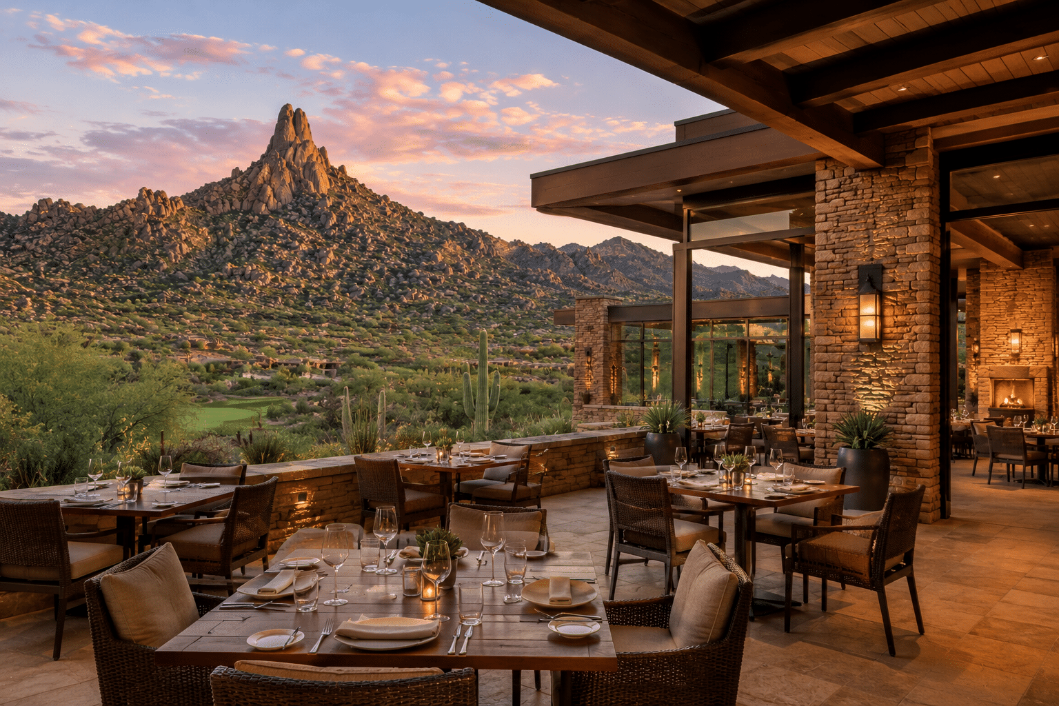 Desert Highlands clubhouse Ventana dining Pinnacle Peak backdrop