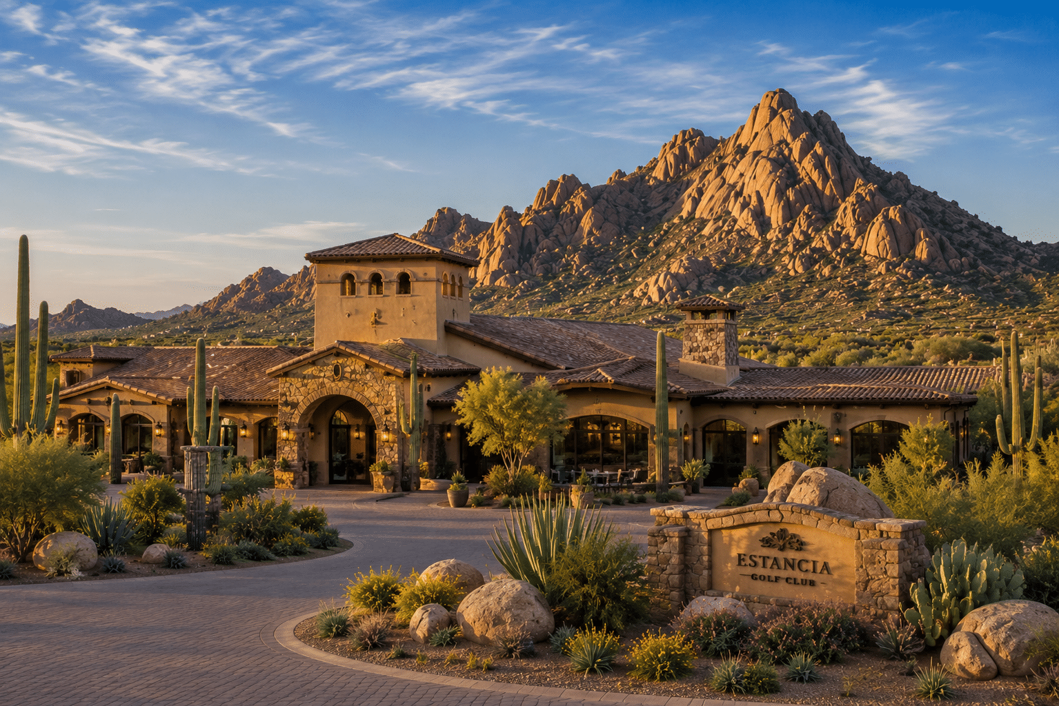 Estancia Scottsdale Tuscan clubhouse exterior Pinnacle Peak backdrop