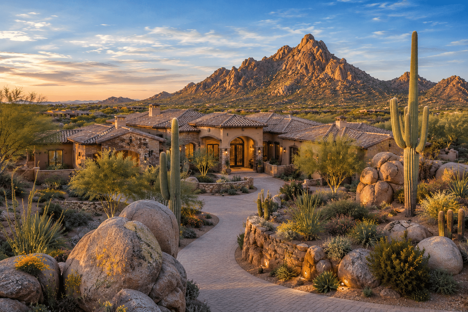 Estancia homes for sale custom estate Sonoran Desert boulder landscape