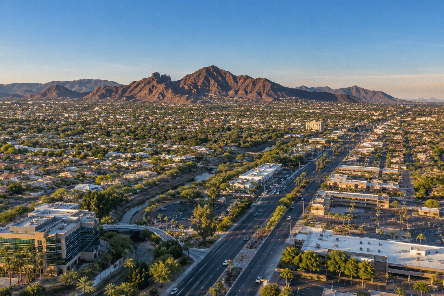 Paradise Valley Village Phoenix aerial view with Phoenix Mountains Preserve in background